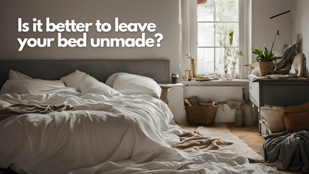 Unmade bed in styled bedroom.